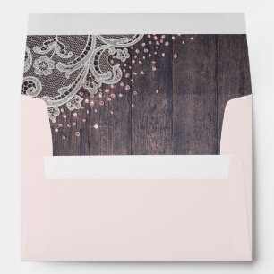 Lace and wood blush glitter liner rustic wedding envelopes