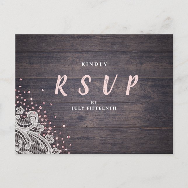 Lace and wood blush glitter rustic wedding RSVP Invitation Postcard (Front)
