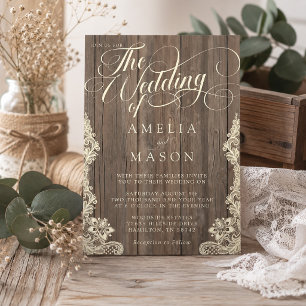 Lace and Wood Script Calligraphy Rustic Wedding Invitation