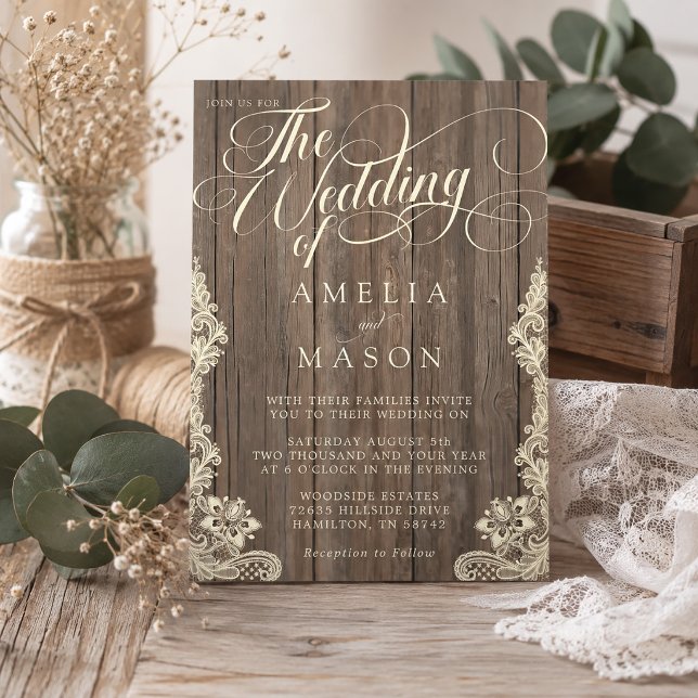 Lace and Wood Script Calligraphy Rustic Wedding Invitation (Lace and Wood Script Calligraphy Rustic Wedding Invitation)