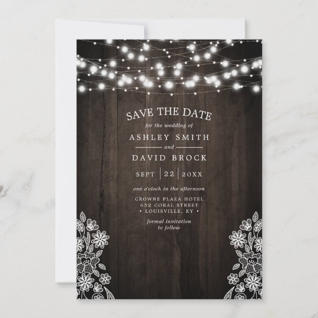 Lace And Wood String Lights Rustic Save The Date (Front)
