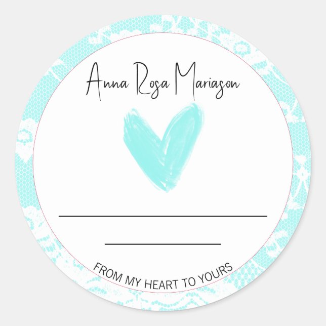 *~* Lace  AP30 Homemade AQUA Heart Generic   Classic Round Sticker (Front)