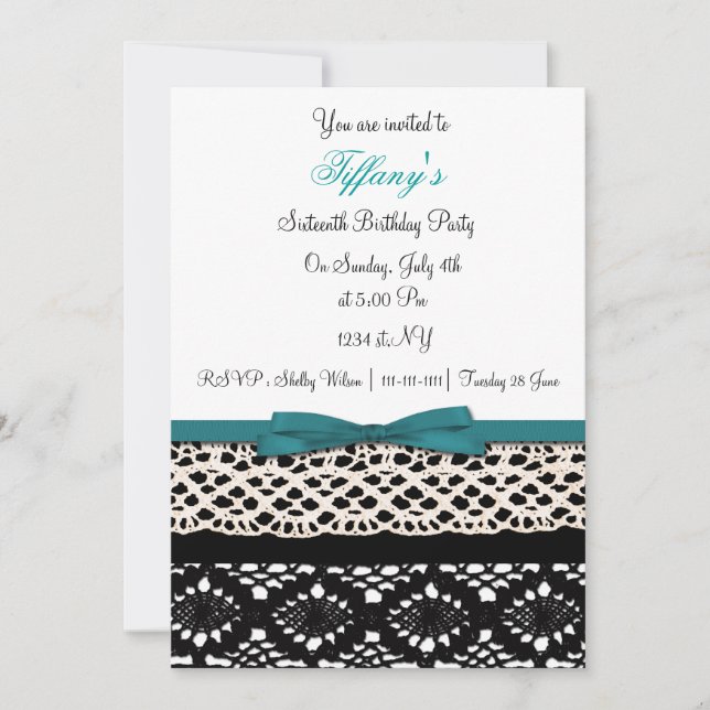 lace aqua damask Sweet Sixteen party Invitation (Front)