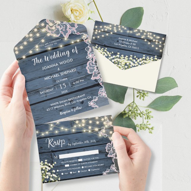 Lace Baby's Breath & String Lights Blue Wood Charm All In One Invitation (Creator Uploaded)