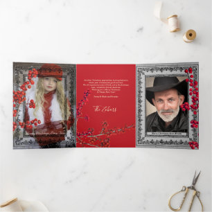 Lace Black Borders Red Personalised White Script Tri-Fold Holiday Card
