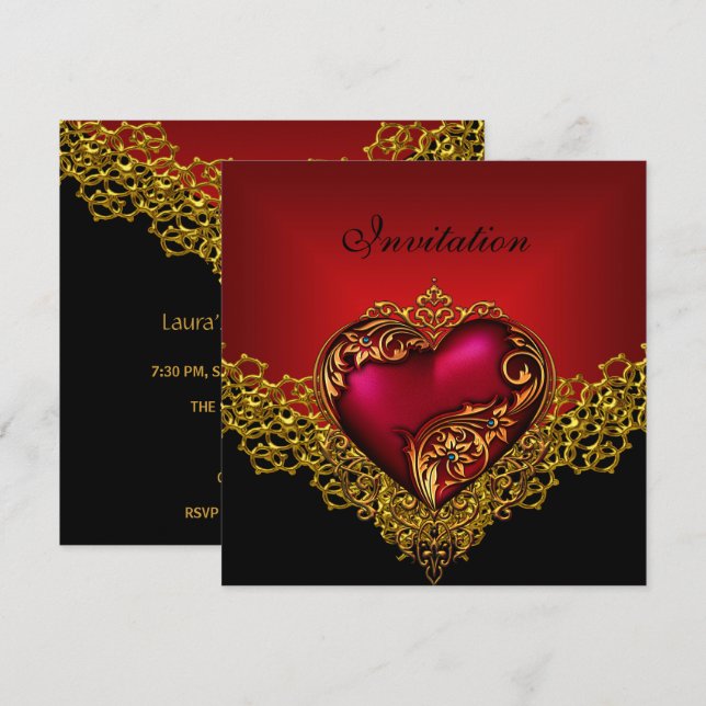 Lace Black Gold Deep Red Heart Jewel Party Invitation (Front/Back)