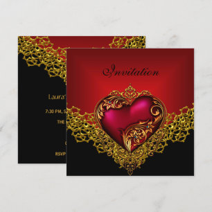 Lace Black Gold Deep Red Heart Jewel Party Invitation