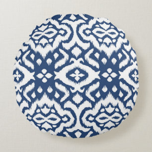 Lace border. Ikat seamless pattern. Vintage tie dy Round Cushion