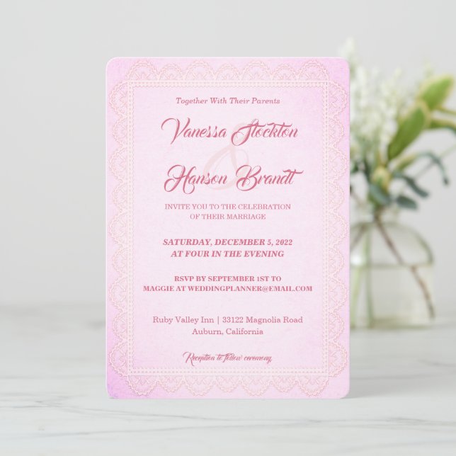 Lace Border Rose Wedding Invitation (Standing Front)
