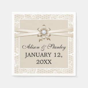 Lace border with beige ribbon & flower wedding napkin