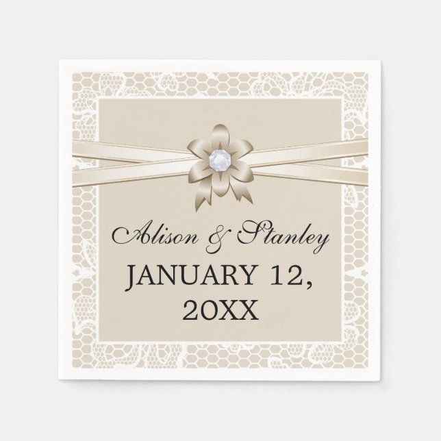 Lace border with beige ribbon & flower wedding napkin (Front)