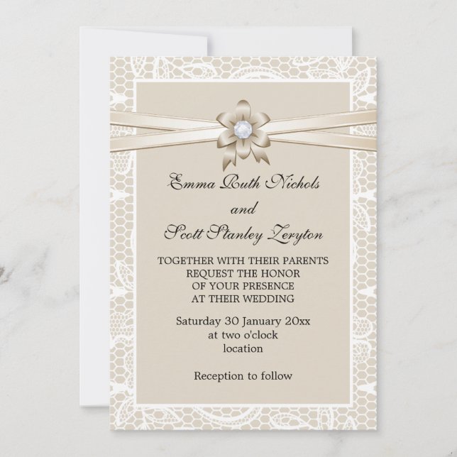 Lace border with beige ribbon wedding invitation (Front)
