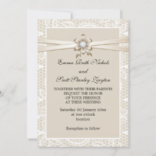 Lace border with beige ribbon wedding invitation