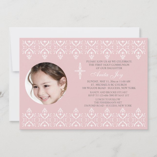 Lace Borders Pink Religious Photo Invitation (Front)