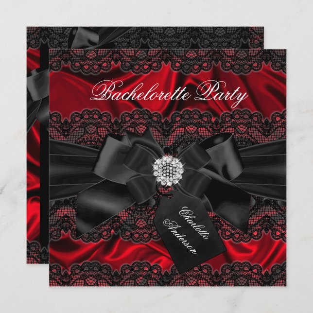 Lace & Bow Black Red Bachelorette Party Invite (Front/Back)