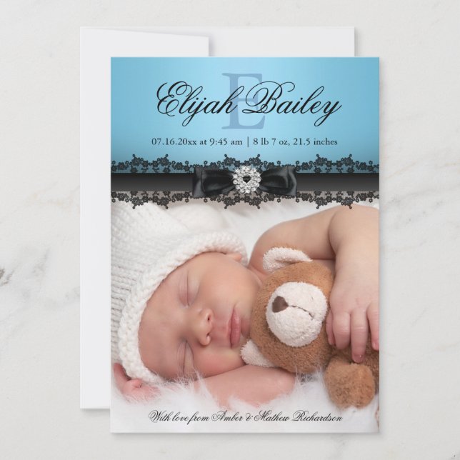 Lace & Bow Blue Photo Birth Announcement (Front)