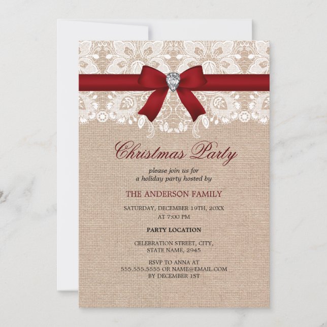 Lace Bow & Burlap Red Christmas Party Invitation (Front)