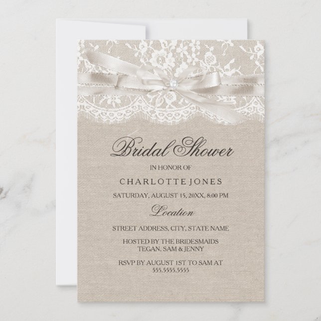 Lace Bow & Burlap Vintage Bridal Shower Invitation (Front)