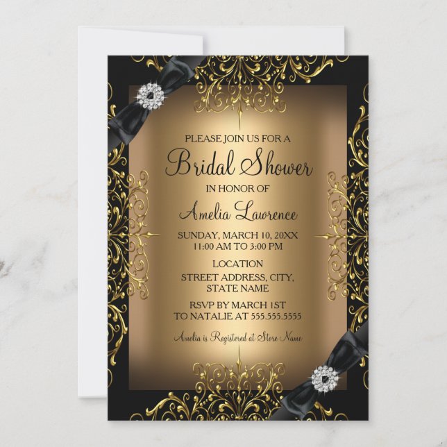 Lace & Bow Gold Bridal Shower Invitation (Front)