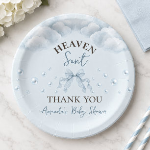 Lace Bow Pearl Boy Blue Heaven Sent Baby Shower Paper Plate