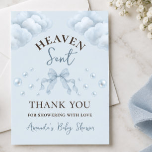 Lace Bow Pearl Boy Blue Heaven Sent Baby Shower Thank You Card