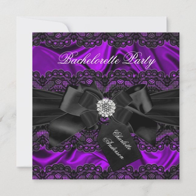 Lace & Bow Purple Black Bachelorette Party Invite (Front)