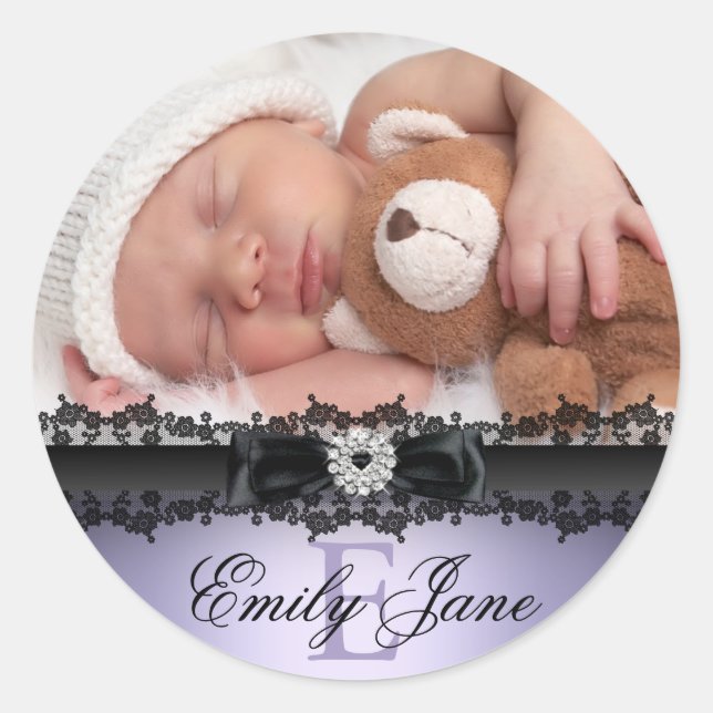 Lace & Bow Purple Photo Birth Announcement Sticker (Front)