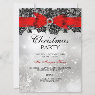Lace Bow Silver Red Christmas Holiday Invite