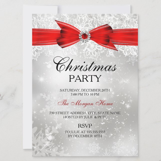 Lace & Bow Silver Red Christmas Holiday Invite (Front)