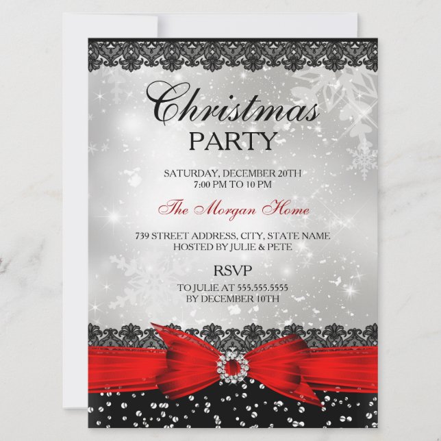Lace & Bow Silver Red Christmas Holiday Invite (Front)