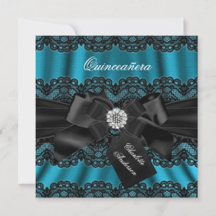 Lace & Bow Teal Black Quinceanera Party Invite