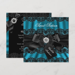 Lace & Bow Teal Black Sweet Sixteen Party Invite