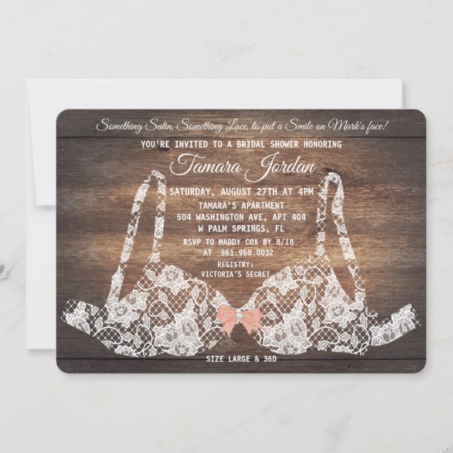 Lace Bra Lingerie Shower Rustic Wood Invitation (Front)