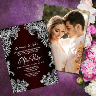 Lace Burgundy Custom Photo Wedding After Party Invitation