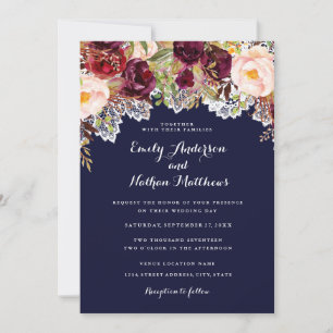 Lace Burgundy Navy Floral Wedding Invitation