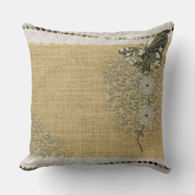 Lace Burlap Dandelion Butterfly Vintage Art Cushion (Front)