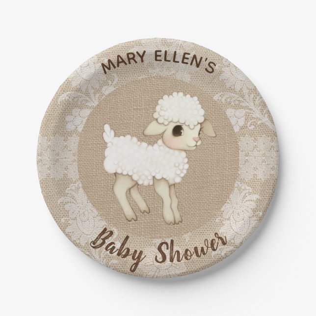 Lace Burlap Little Lamb Baby Shower Paper Plate (Front)