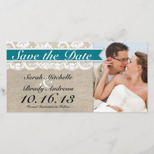 Lace & Burlap Look Save the Date -Turquoise