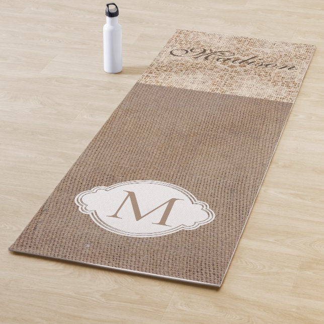 Lace Burlap Modern Rustic Trendy Monogram Yoga Mat (In Situ)