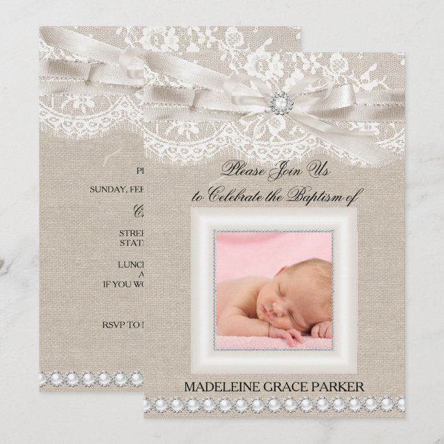 Lace & Burlap Photo Baptism/Christening Invitation (Front/Back)