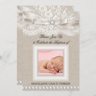 Lace & Burlap Photo Baptism/Christening Invitation