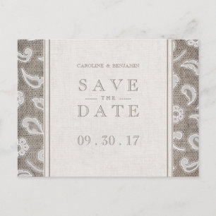 Lace burlap rustic country wedding save the date announcement postcard