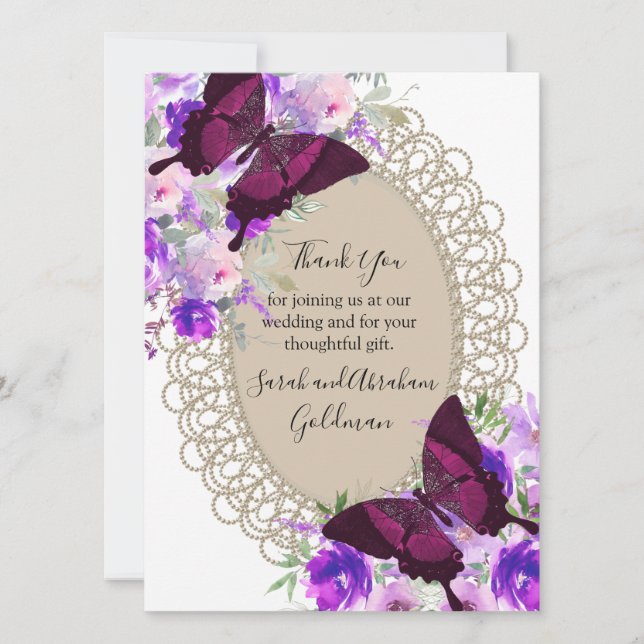 Lace Butterflies Butterfly Wedding Thank You Cards (Front)