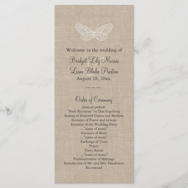 Lace Butterflies Wedding Program on Burlap 2 Programme (Front)