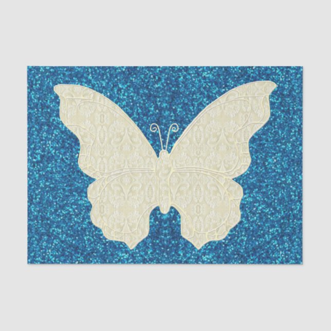 Lace Butterfly On Blue Glitter Tissue Paper (Front)