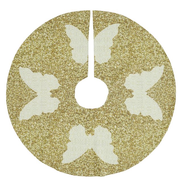 Lace Butterfly On Gold Glitter Tree Skirt (Front)