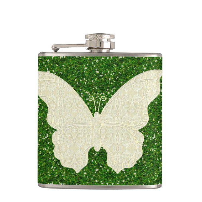 Lace Butterfly On Green Glitter Flask (Front)