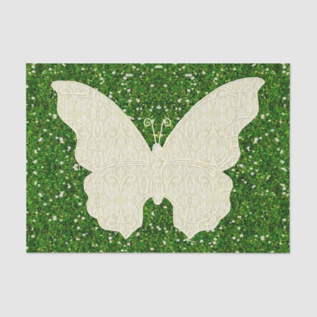 Lace Butterfly On Green Glitter Tissue Paper (Front)