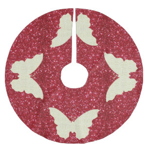 Lace Butterfly On Red Glitter Christmas Tree Skirt