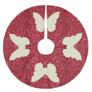 Lace Butterfly On Red Glitter Christmas Tree Skirt